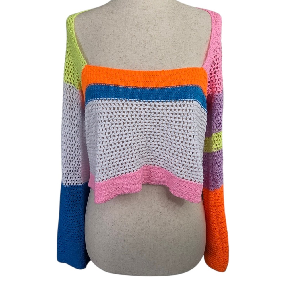 Colorblock Crochet Square Neck Crop Top‎ Sweate Womens SZ Medium Beach Rainbow